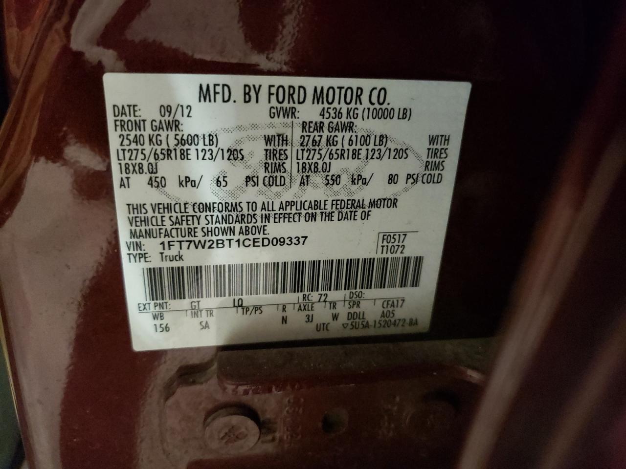 Photo 10 from auction – 2012 FORD F250 SUPER with VIN 1FT7W2BT1CED09337