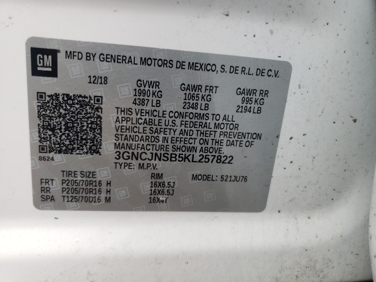 Photo 10 from auction – 2019 CHEVROLET TRAX LS with VIN 3GNCJNSB5KL257822