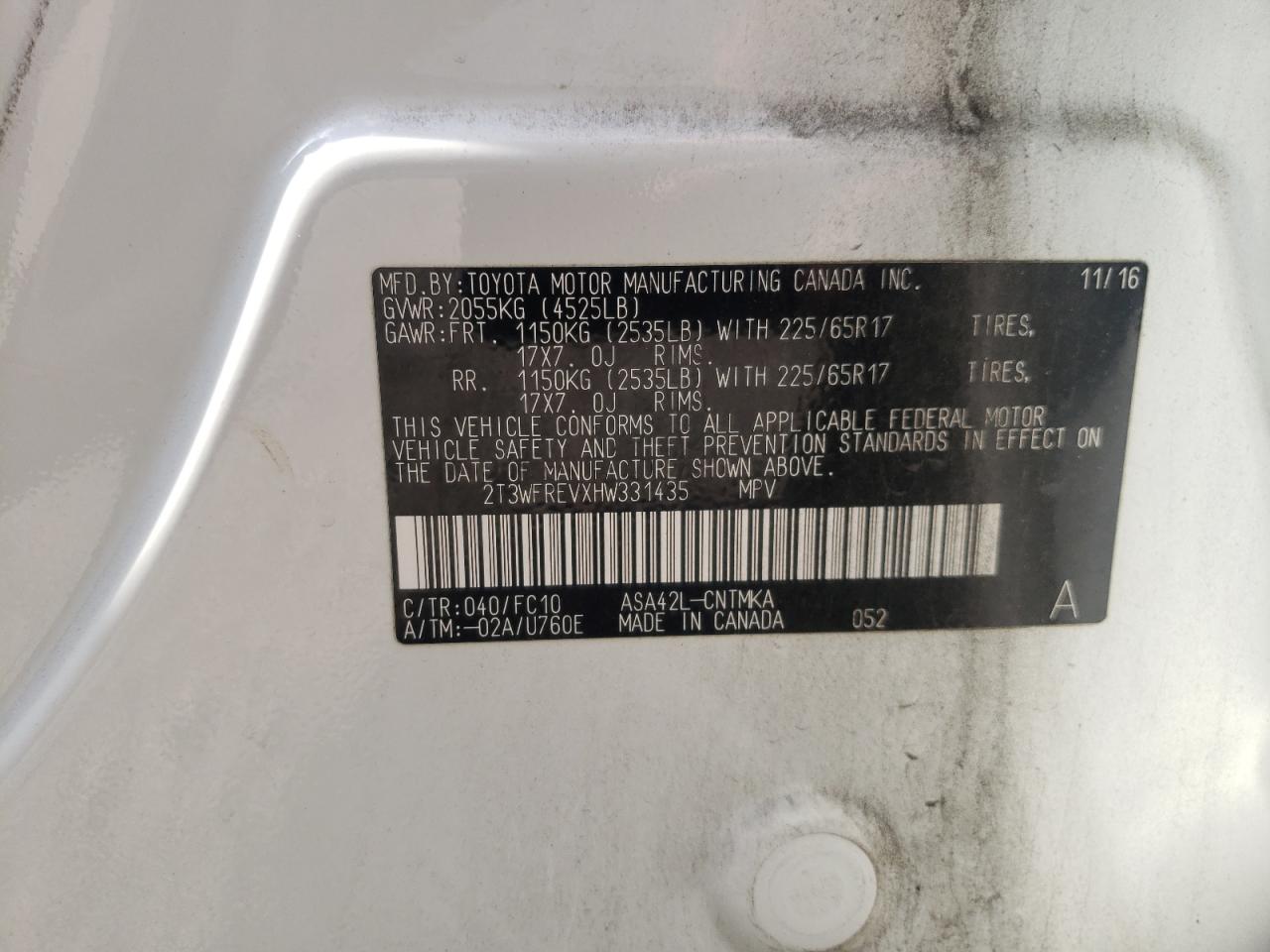 Photo 10 from auction – 2017 TOYOTA RAV4 XLE with VIN 2T3WFREVXHW331435