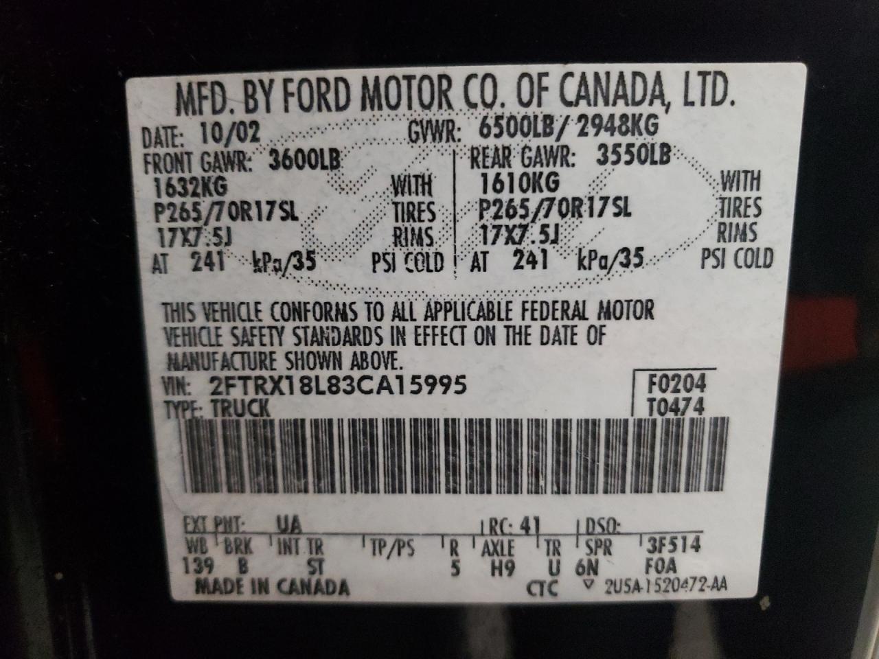 Photo 10 from auction – 2003 FORD F150 with VIN 2FTRX18L83CA15995