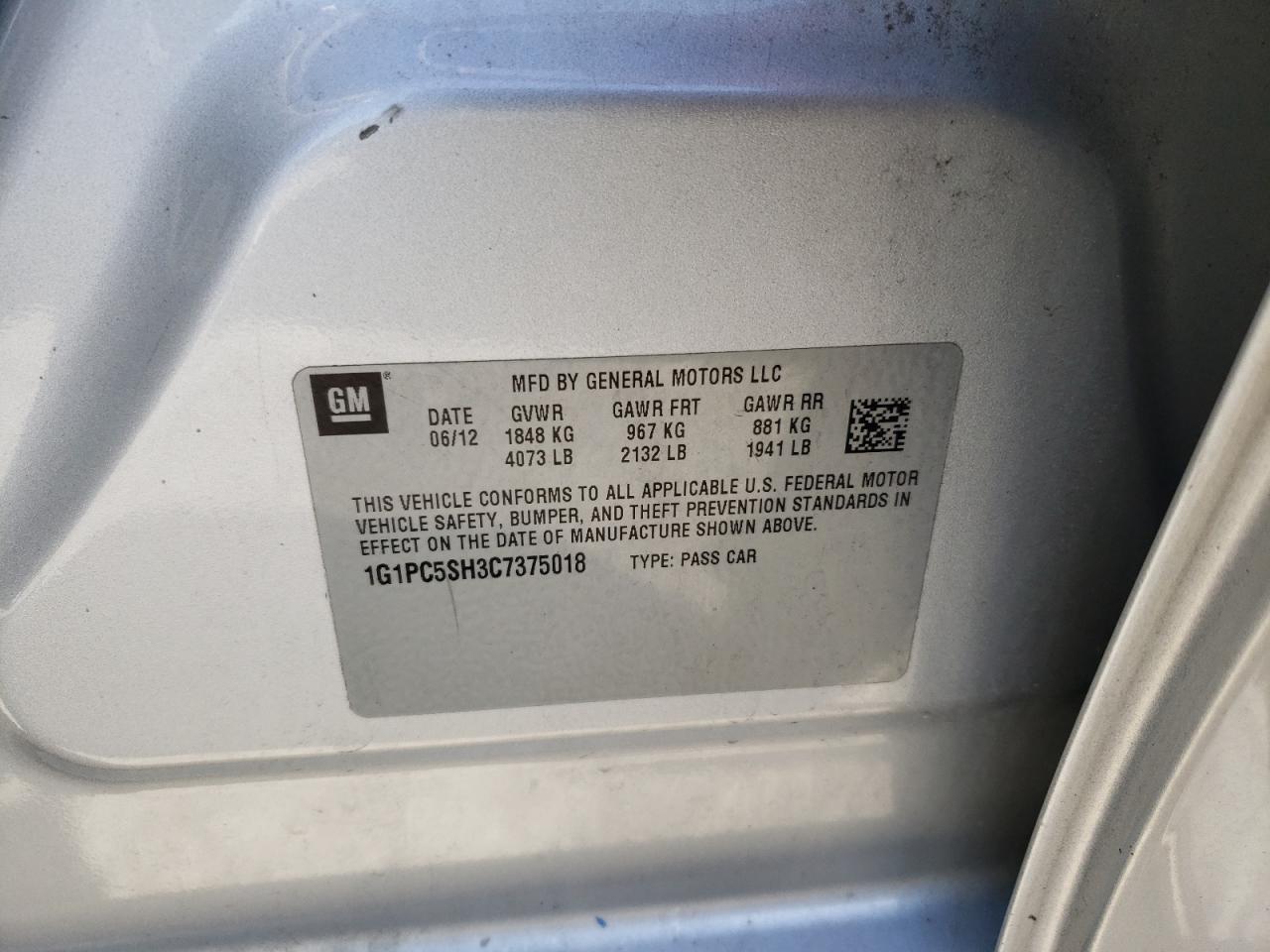 Photo 10 from auction – 2012 CHEVROLET CRUZE LS with VIN 1G1PC5SH3C7375018