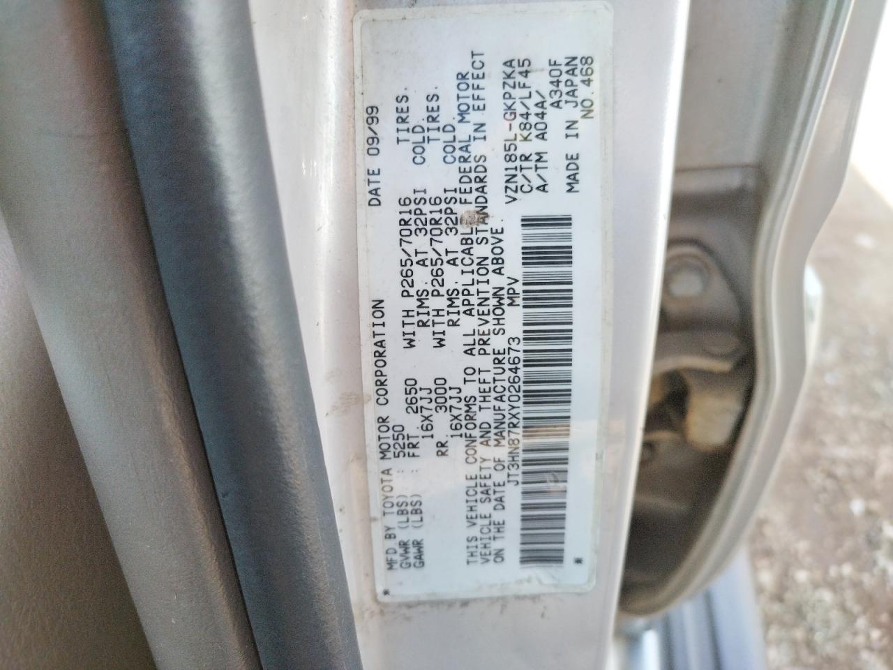Photo 10 from auction – 2000 TOYOTA 4RUNNER LI with VIN JT3HN87RXY0264673
