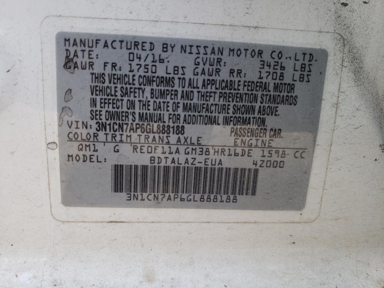 Photo 10 from auction – 2016 NISSAN VERSA S with VIN 3N1CN7AP6GL888188