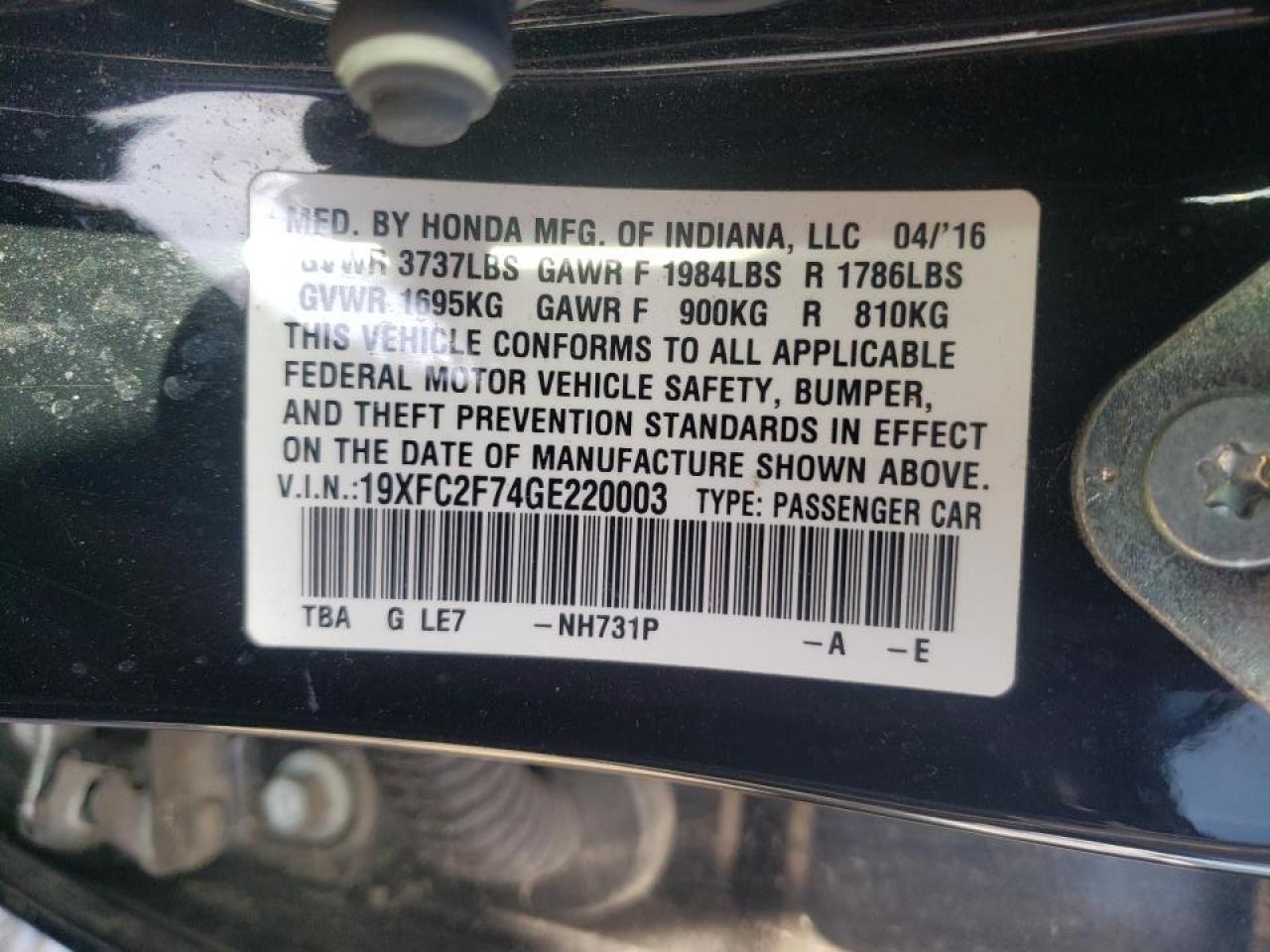 Photo 10 from auction – 2016 HONDA CIVIC EX with VIN 19XFC2F74GE220003