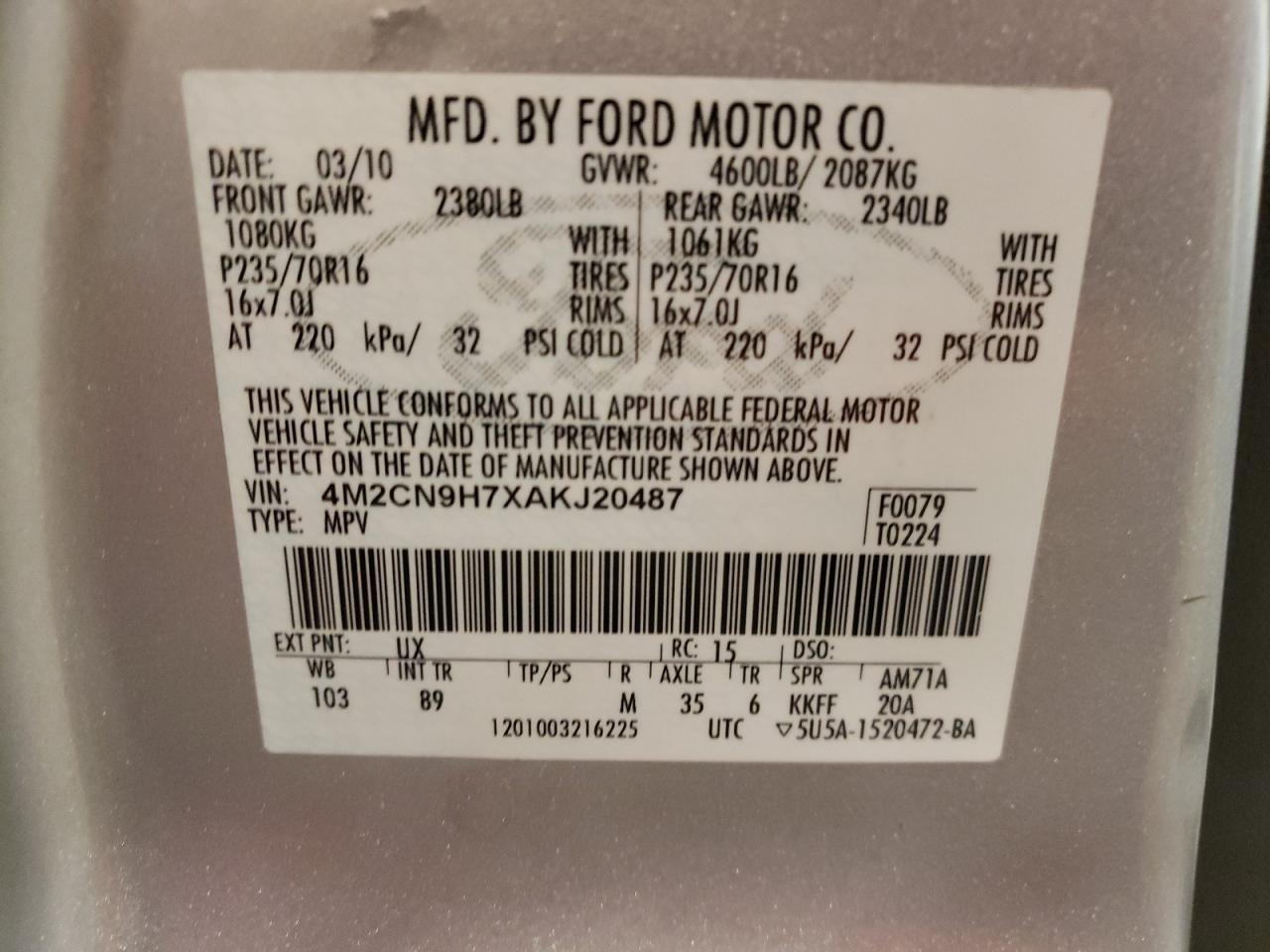 Photo 10 from auction – 2010 MERCURY MARINER PR with VIN 4M2CN9H7XAKJ20487