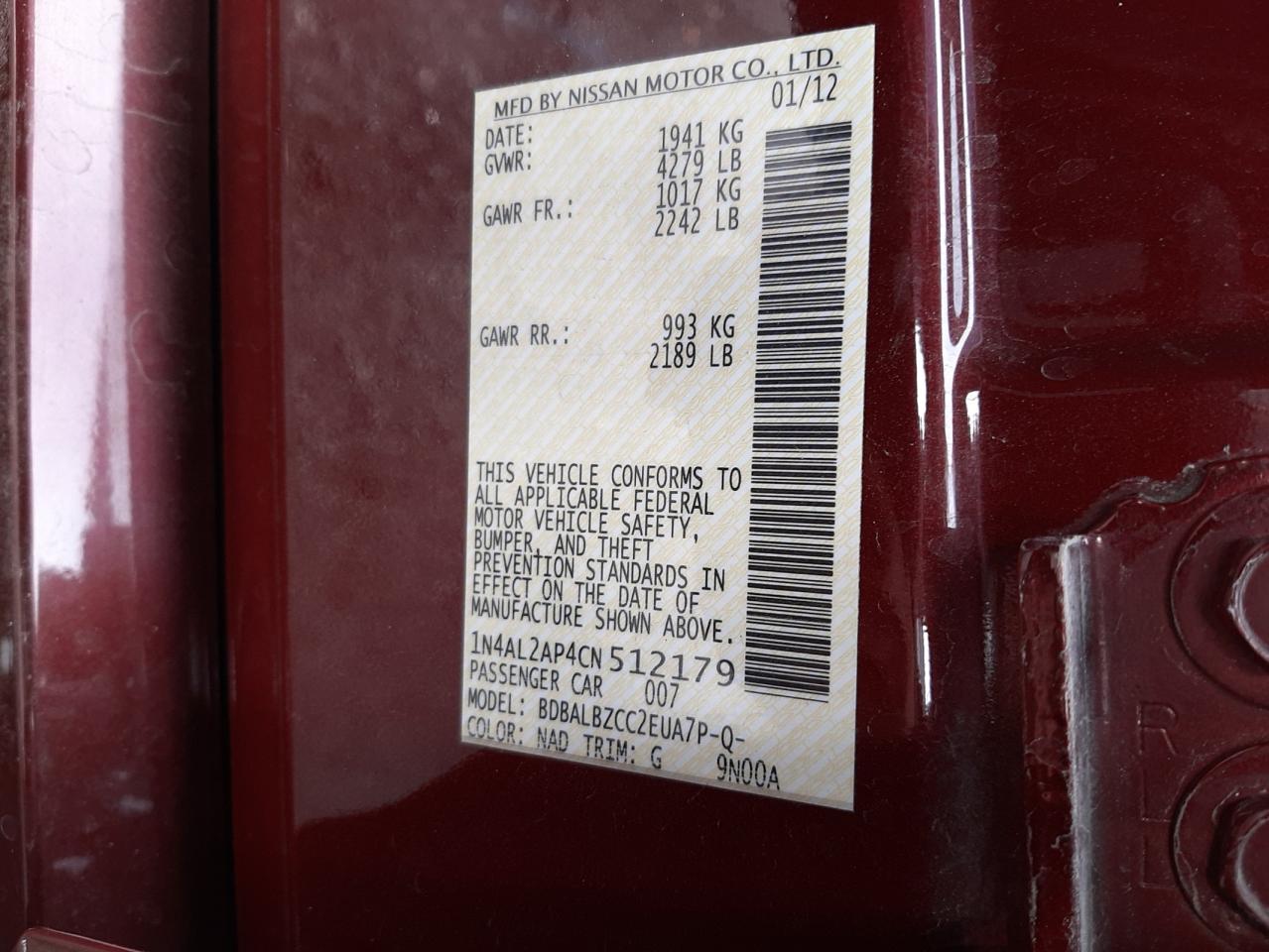 Photo 10 from auction – 2012 NISSAN ALTIMA with VIN 1N4AL2AP4CN512179
