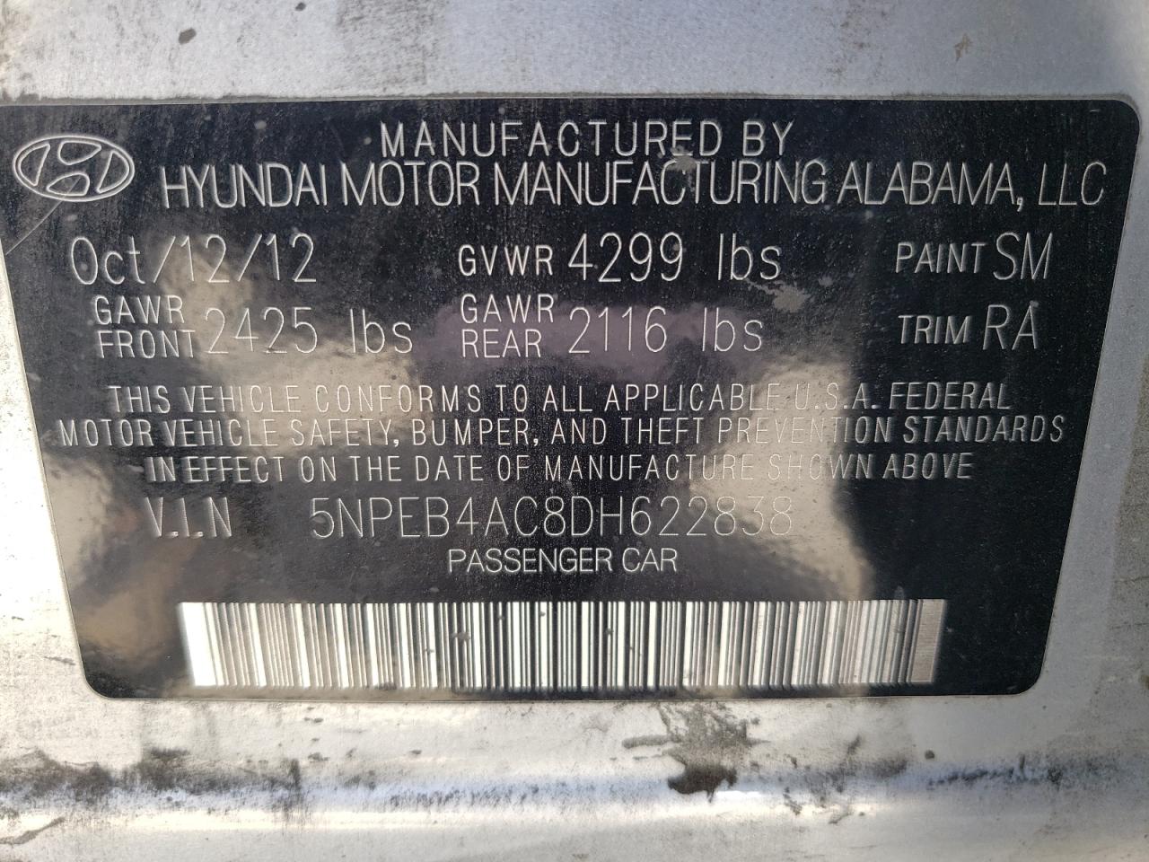 Photo 10 from auction – 2013 HYUNDAI SONATA GLS with VIN 5NPEB4AC8DH622838