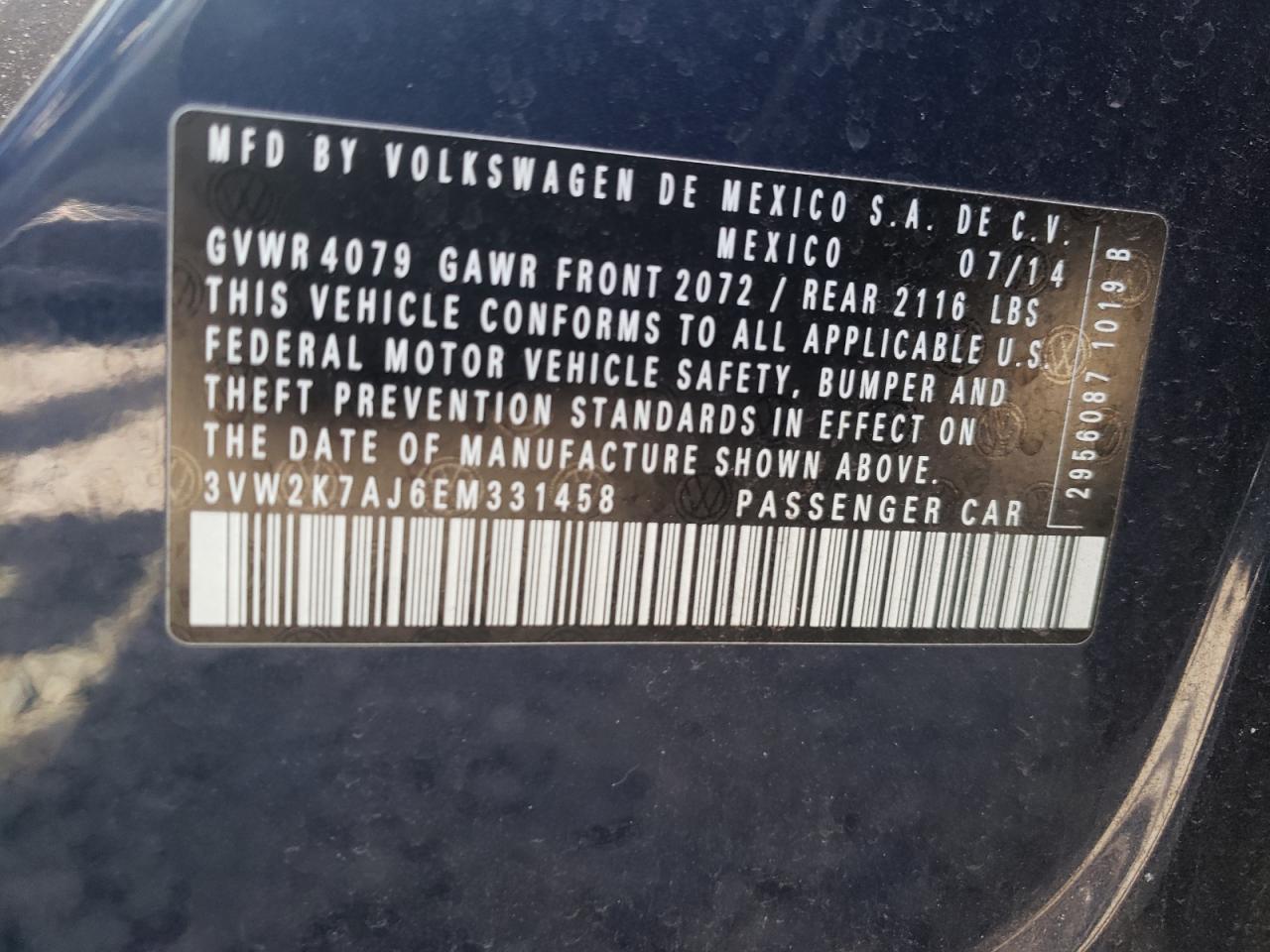 Photo 10 from auction – 2014 VOLKSWAGEN JETTA BASE with VIN 3VW2K7AJ6EM331458