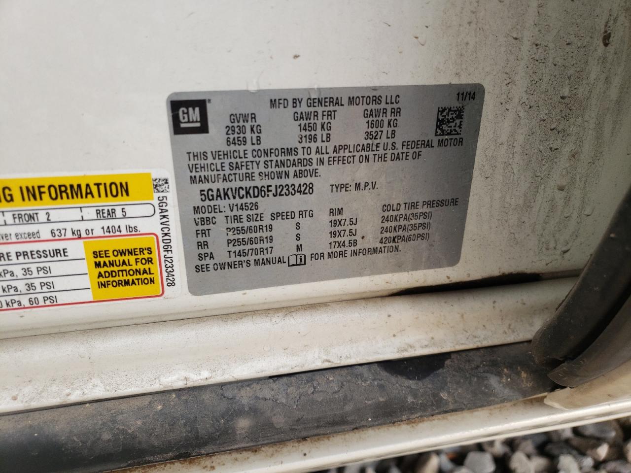 Photo 10 from auction – 2015 BUICK ENCLAVE with VIN 5GAKVCKD6FJ233428