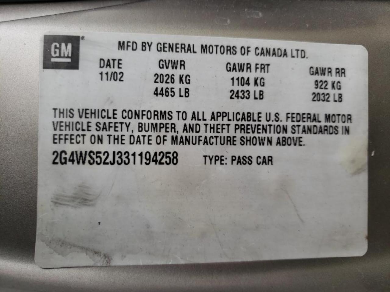Photo 10 from auction – 2003 BUICK CENTURY CU with VIN 2G4WS52J331194258