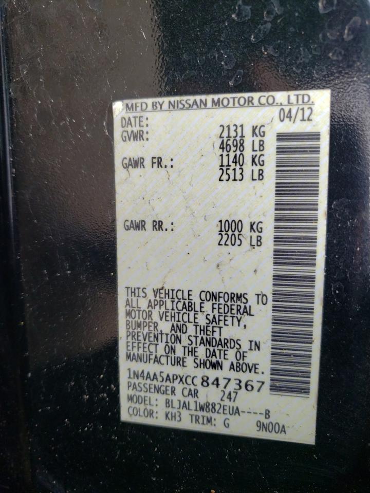 Photo 10 from auction – 2012 NISSAN MAXIMA S with VIN 1N4AA5APXCC847367