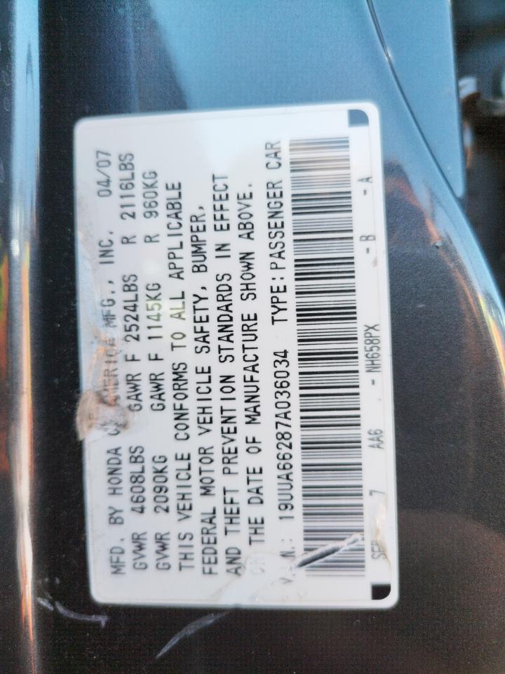Photo 10 from auction – 2007 ACURA TL with VIN 19UUA66287A036034