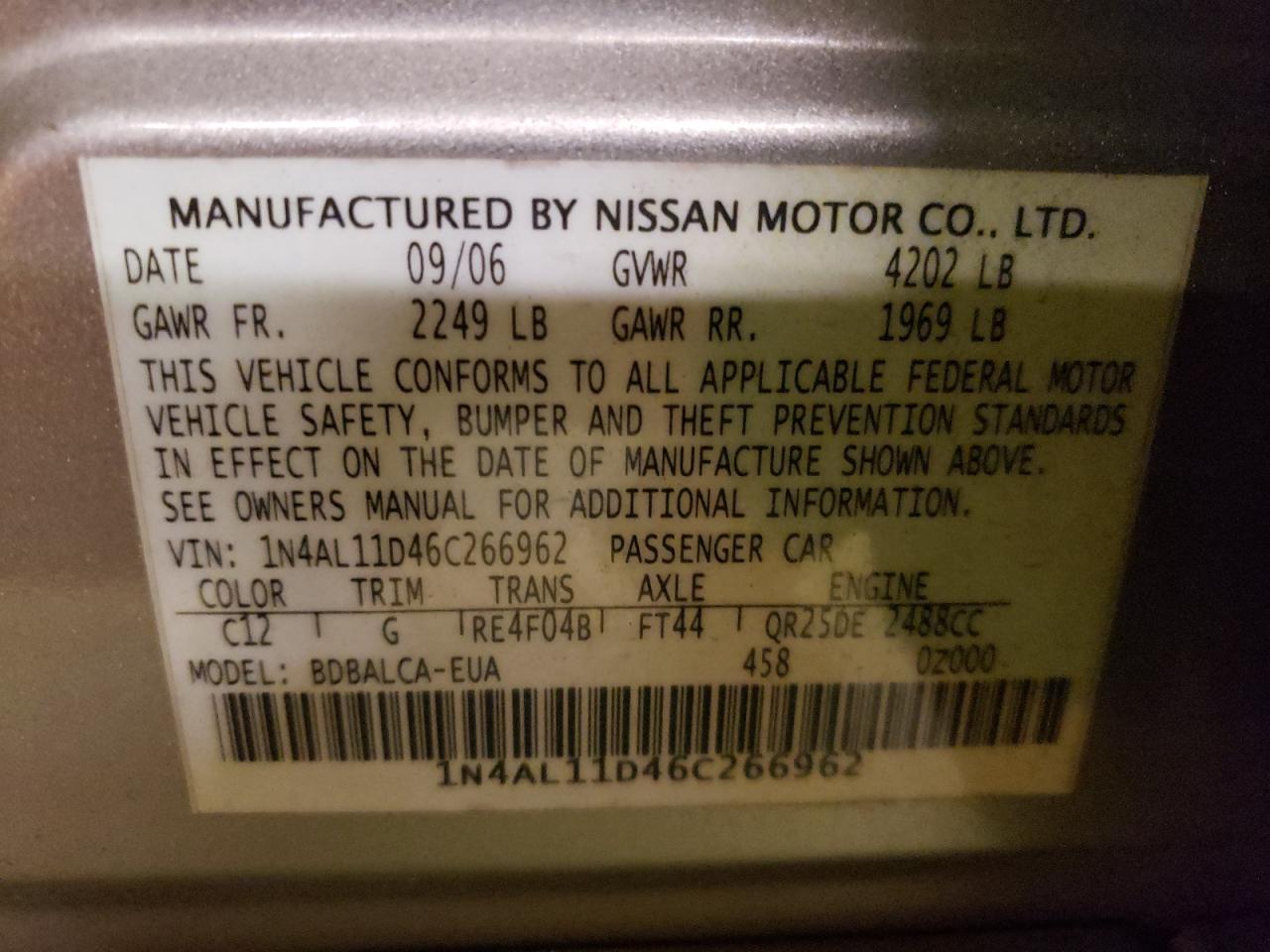 Photo 10 from auction – 2006 NISSAN ALTIMA S with VIN 1N4AL11D46C266962
