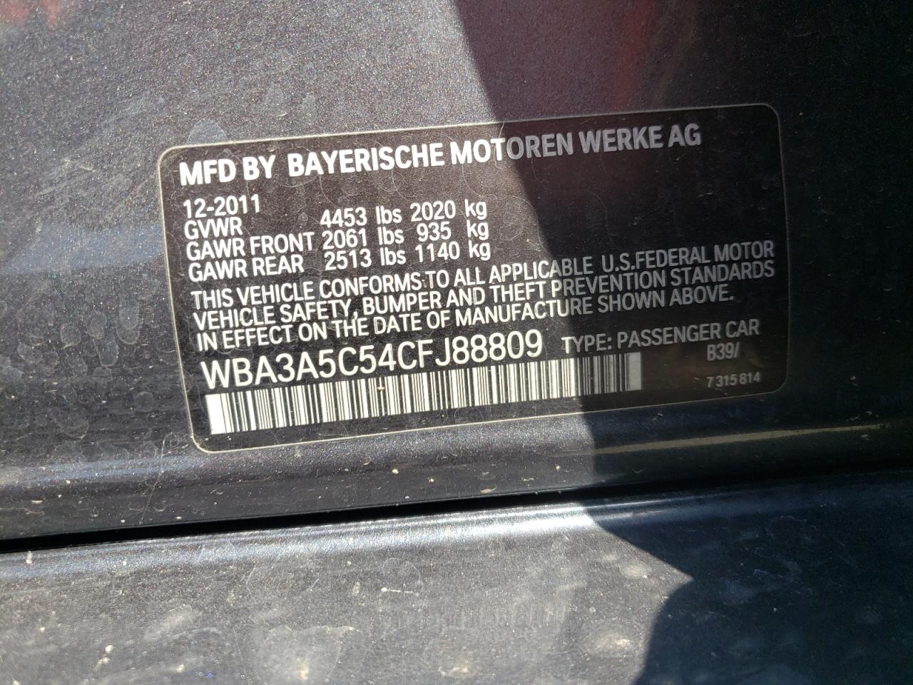 Photo 10 from auction – 2012 BMW 328 I with VIN WBA3A5C54CFJ88809