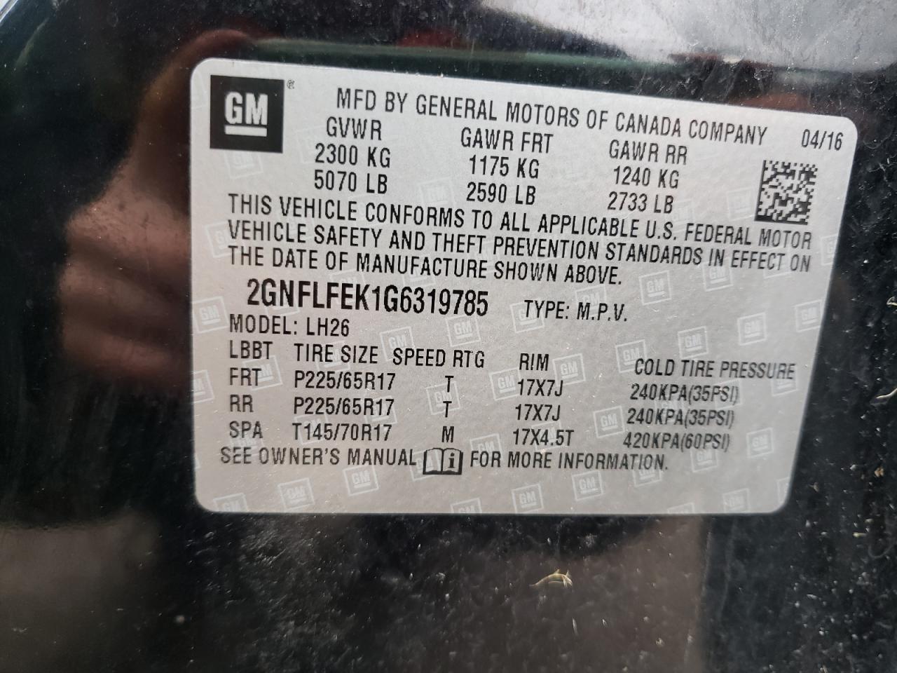 Photo 10 from auction – 2016 CHEVROLET EQUINOX LT with VIN 2GNFLFEK1G6319785