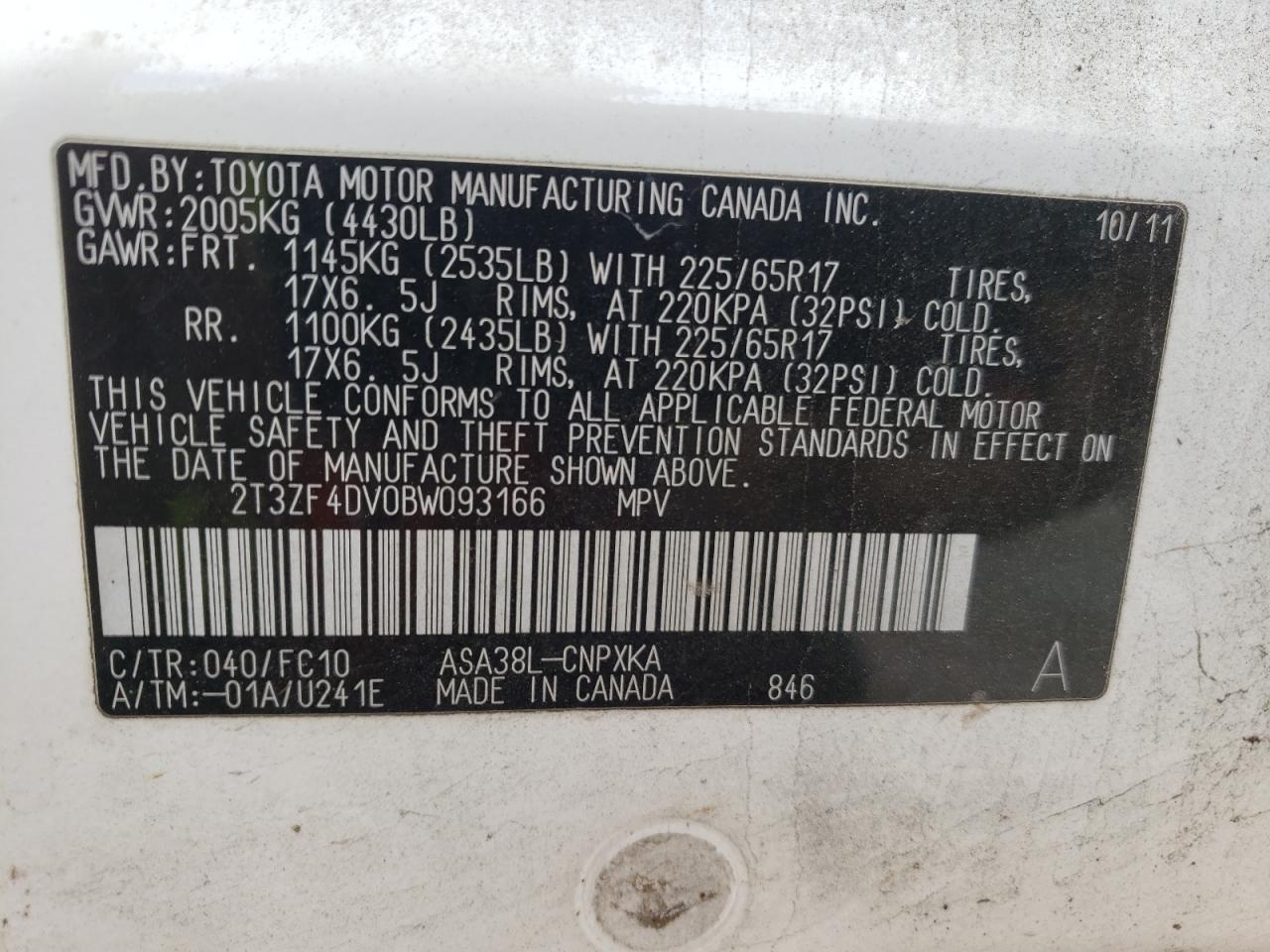 Photo 10 from auction – 2011 TOYOTA RAV4 with VIN 2T3ZF4DV0BW093166