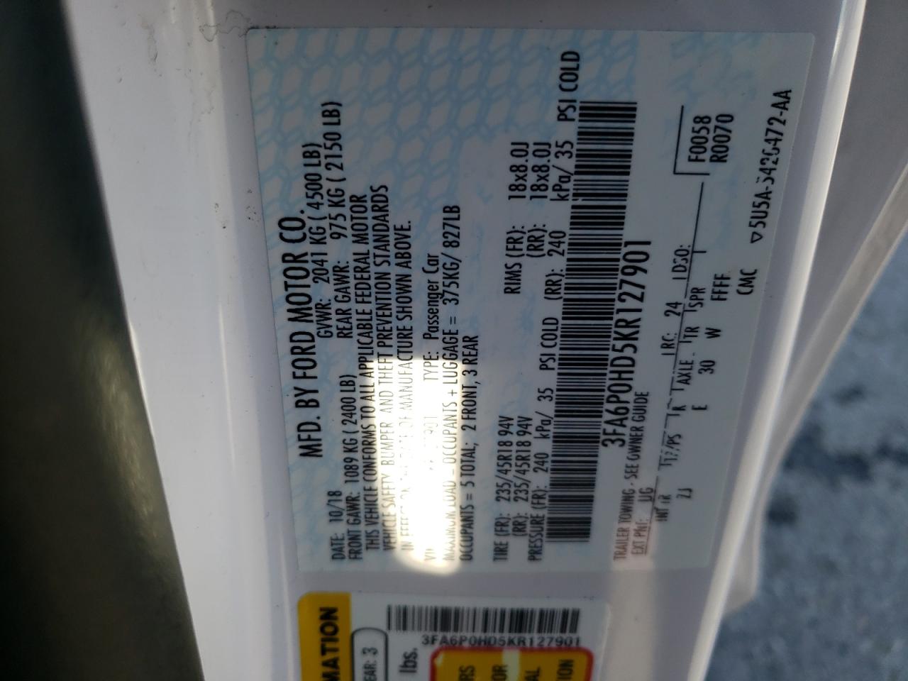 Photo 10 from auction – 2019 FORD FUSION SE with VIN 3FA6P0HD5KR127901