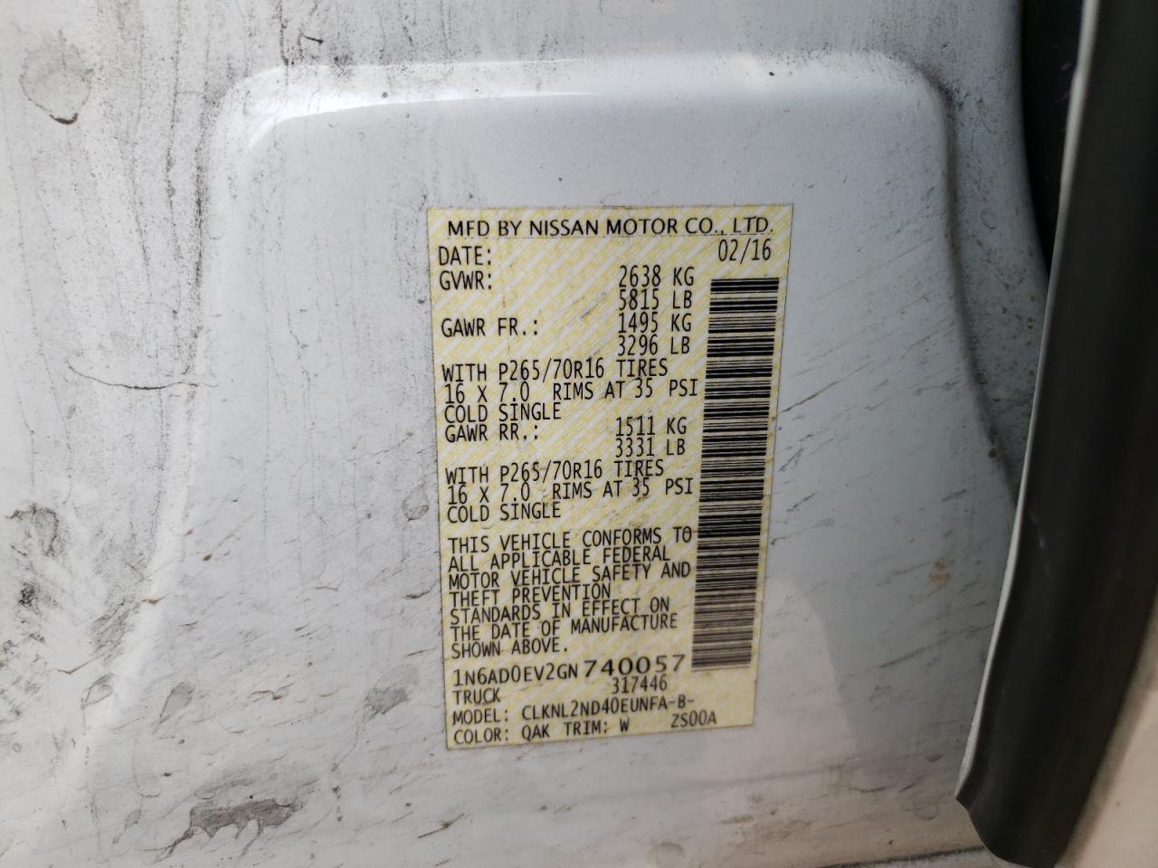 Photo 10 from auction – 2016 NISSAN FRONTIER S with VIN 1N6AD0EV2GN740057