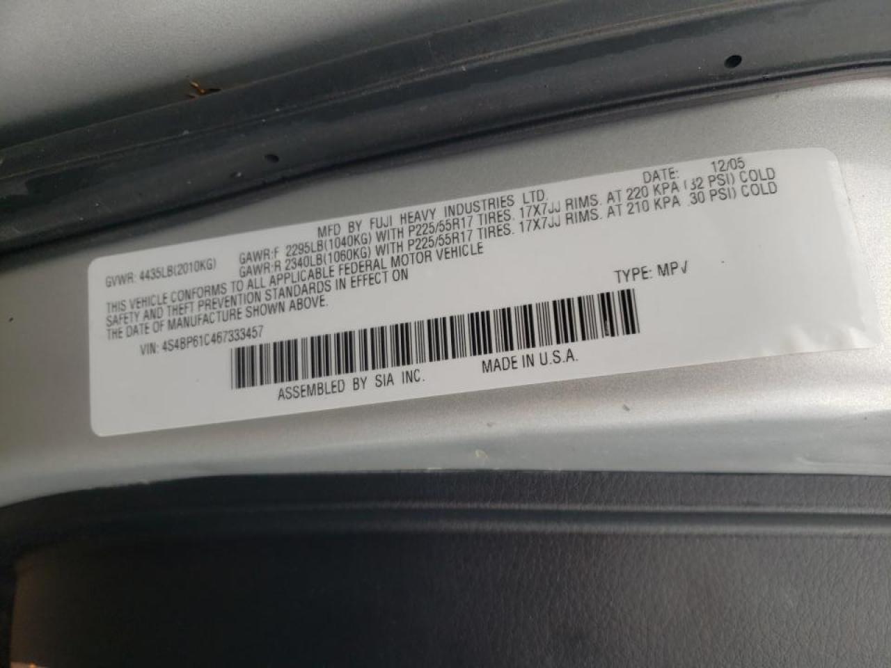 Photo 10 from auction – 2006 SUBARU LEGACY OUT with VIN 4S4BP61C467333457