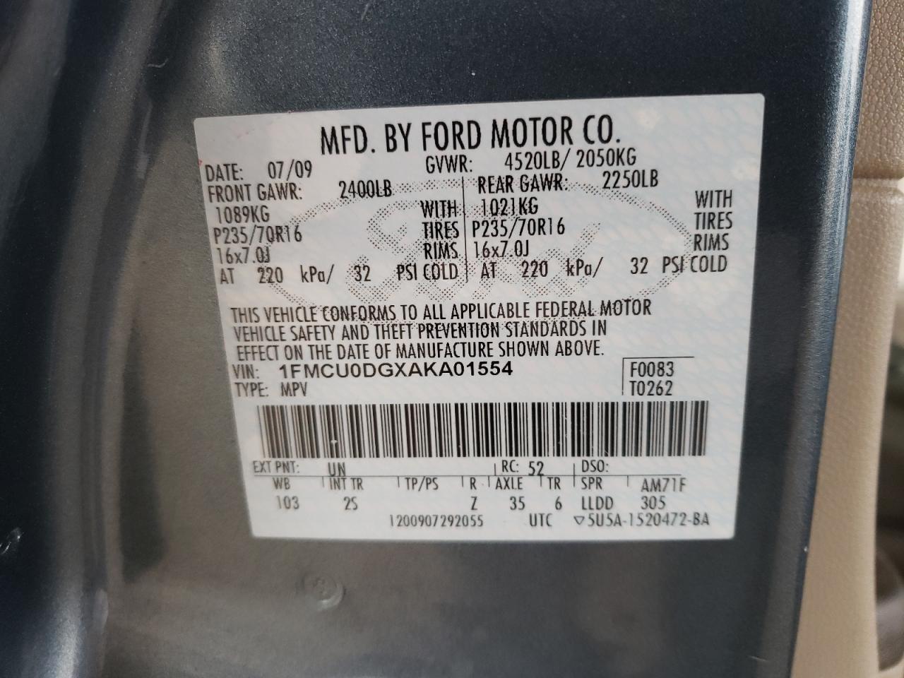 Photo 10 from auction – 2010 FORD ESCAPE XLT with VIN 1FMCU0DGXAKA01554