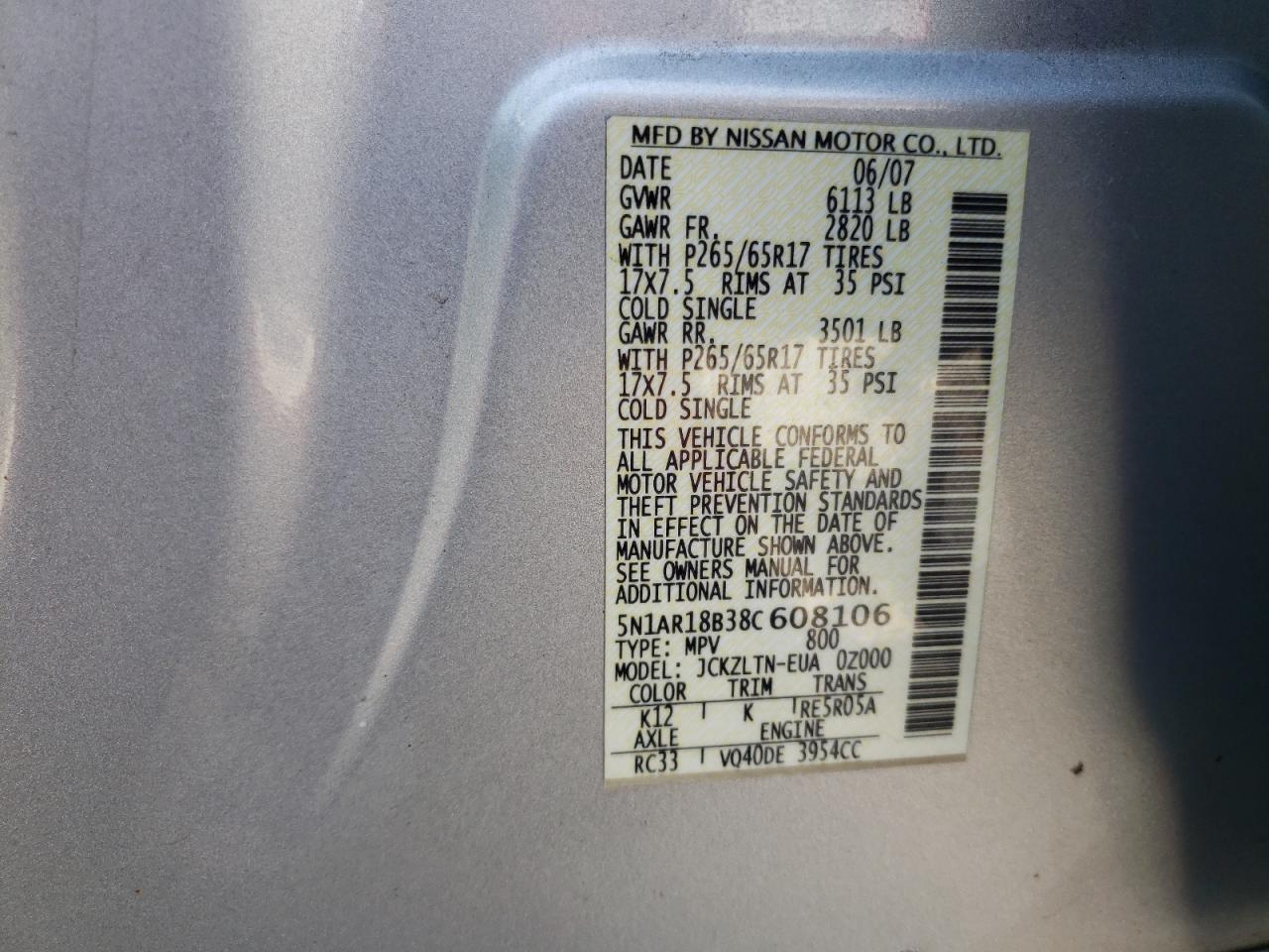Photo 10 from auction – 2008 NISSAN PATHFINDER with VIN 5N1AR18B38C608106