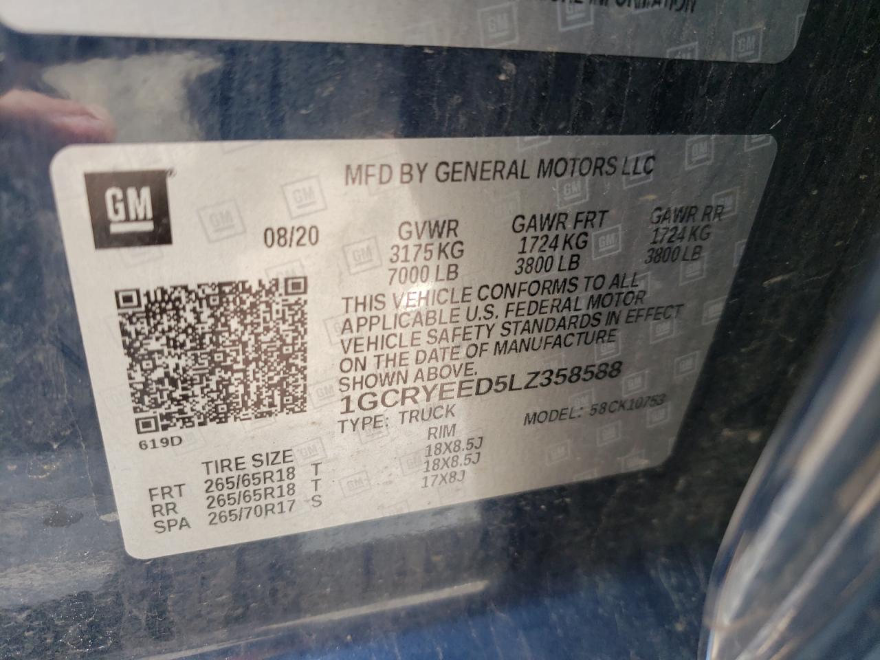 Photo 10 from auction – 2020 CHEVROLET SILVERADO with VIN 1GCRYEED5LZ358588