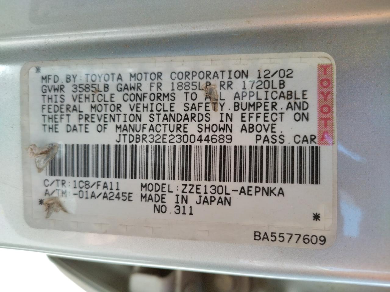 Photo 10 from auction – 2003 TOYOTA COROLLA CE with VIN JTDBR32E230044689