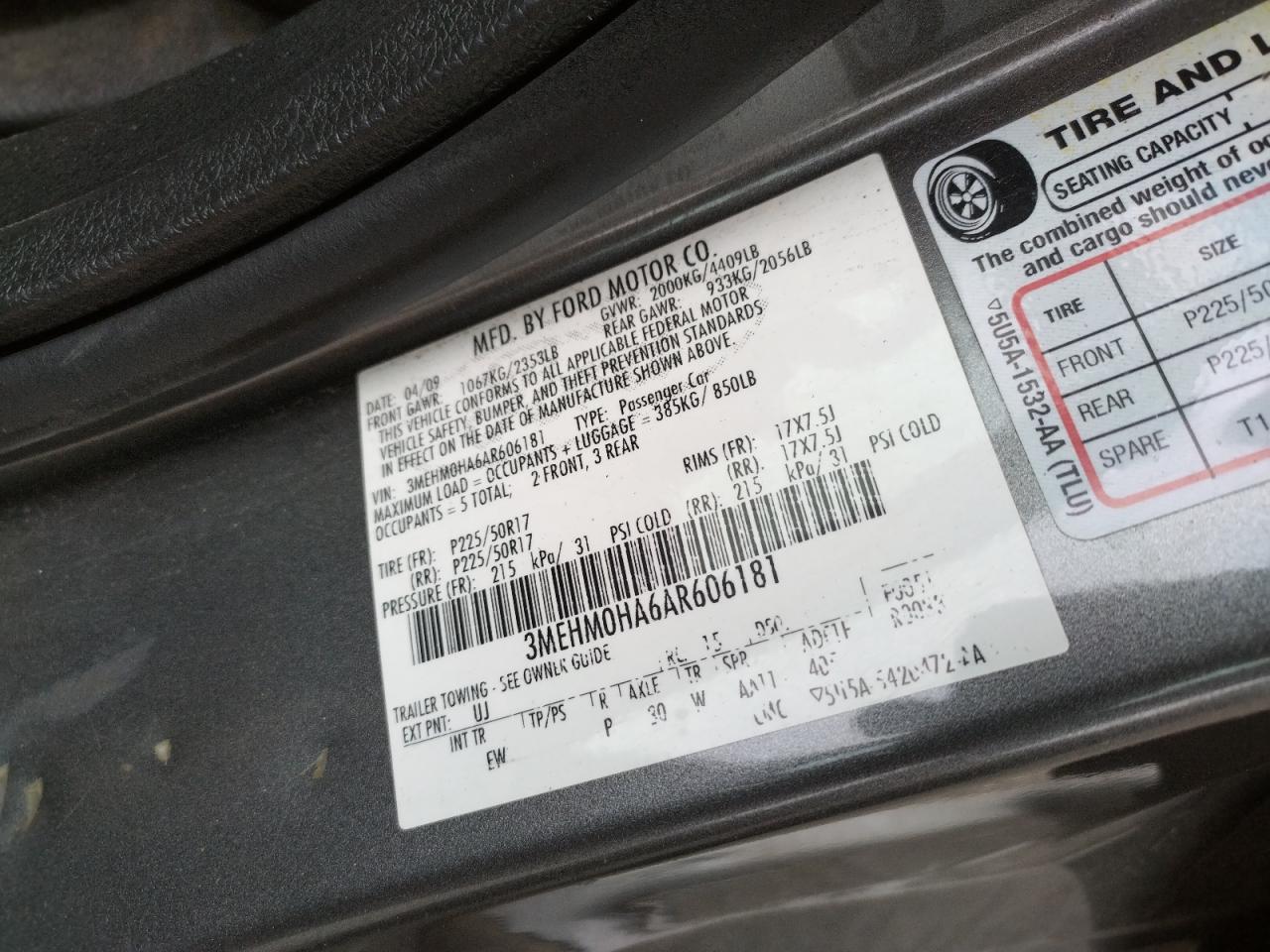 Photo 10 from auction – 2010 MERCURY MILAN with VIN 3MEHM0HA6AR606181