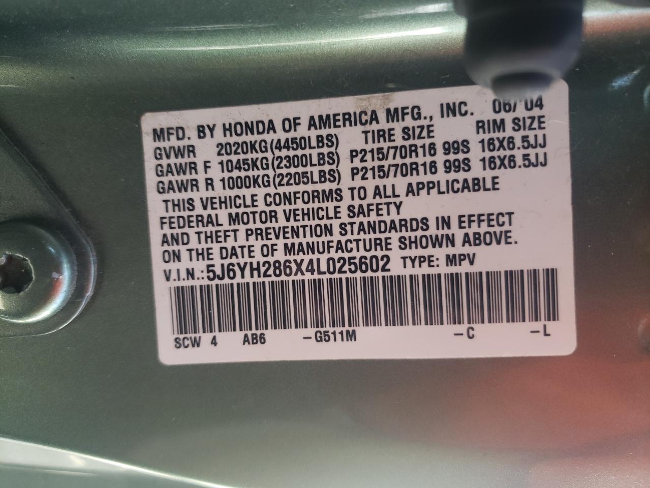 Photo 10 from auction – 2004 HONDA ELEMENT EX with VIN 5J6YH286X4L025602