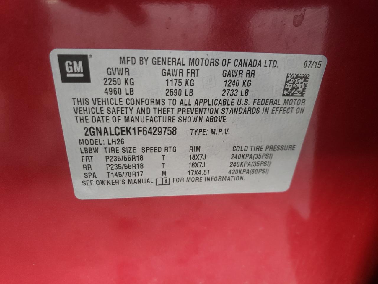 Photo 10 from auction – 2015 CHEVROLET EQUINOX LT with VIN 2GNALCEK1F6429758