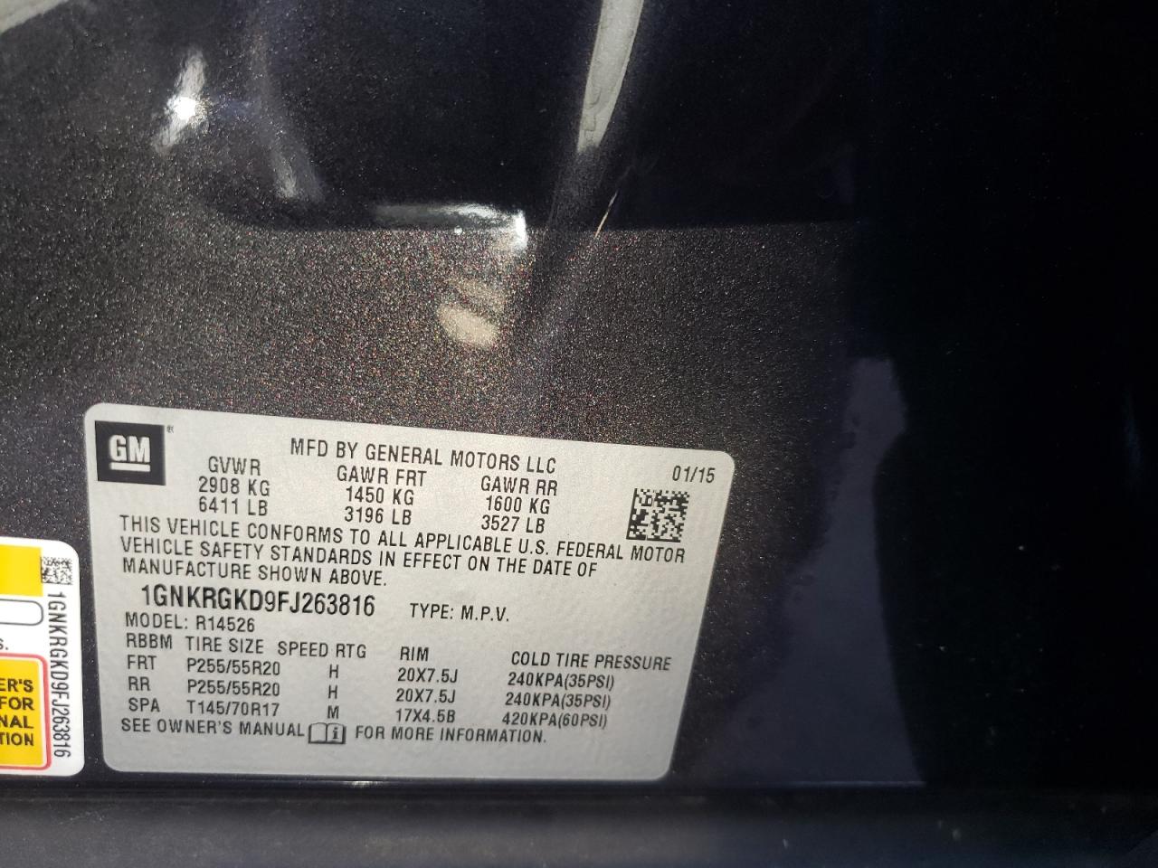Photo 10 from auction – 2015 CHEVROLET TRAVERSE L with VIN 1GNKRGKD9FJ263816