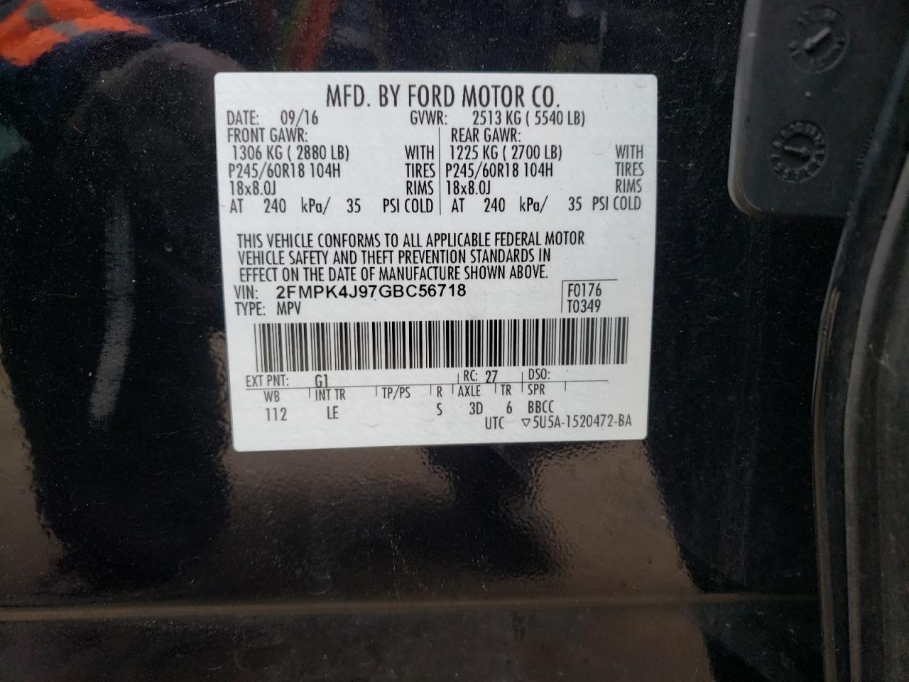Photo 10 from auction – 2016 FORD EDGE SEL with VIN 2FMPK4J97GBC56718