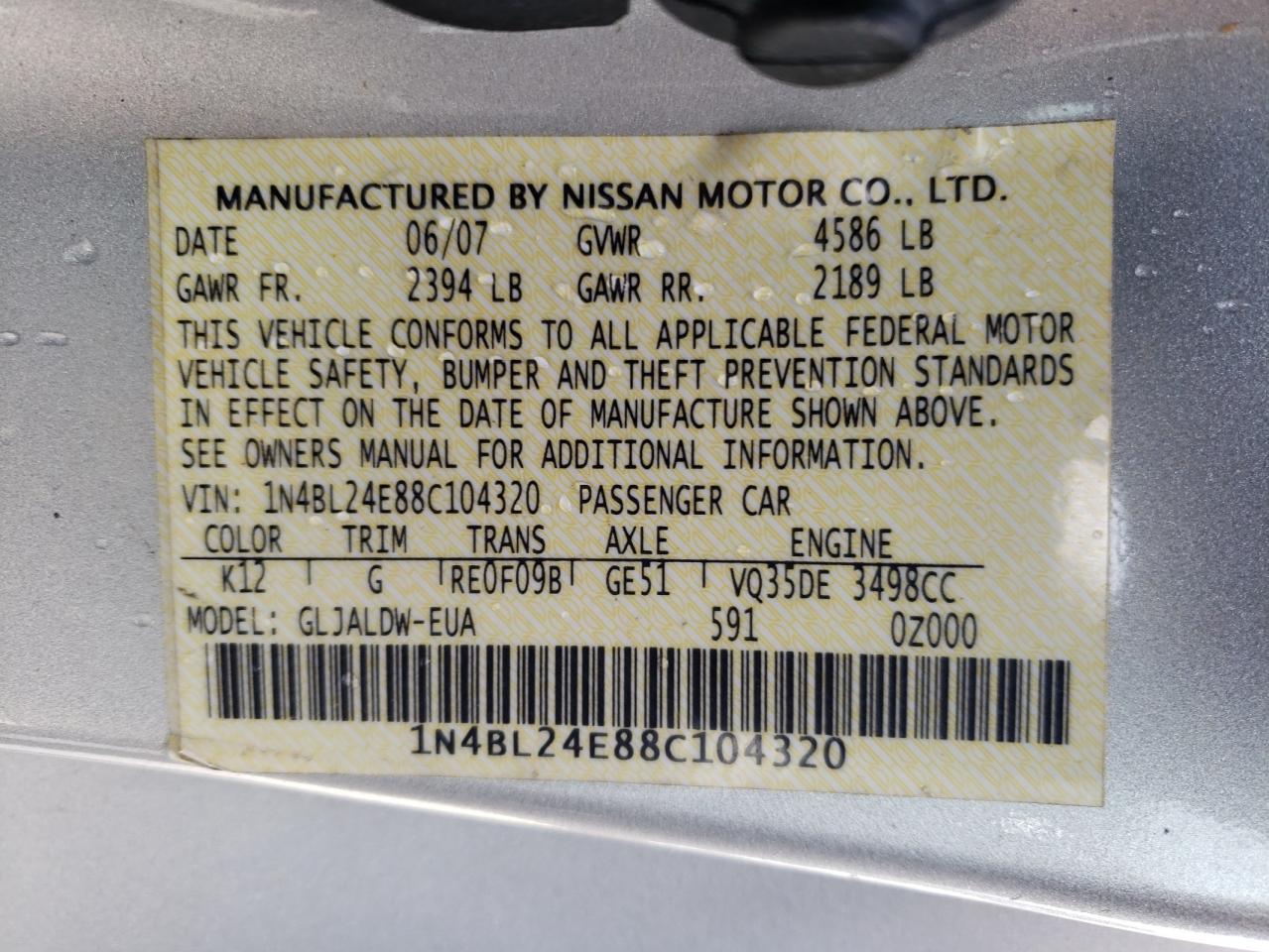 Photo 10 from auction – 2008 NISSAN ALTIMA 3.5 with VIN 1N4BL24E88C104320