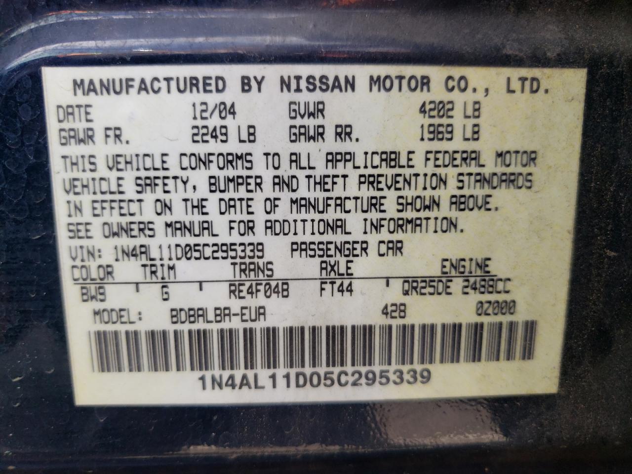 Photo 10 from auction – 2005 NISSAN ALTIMA S with VIN 1N4AL11D05C295339