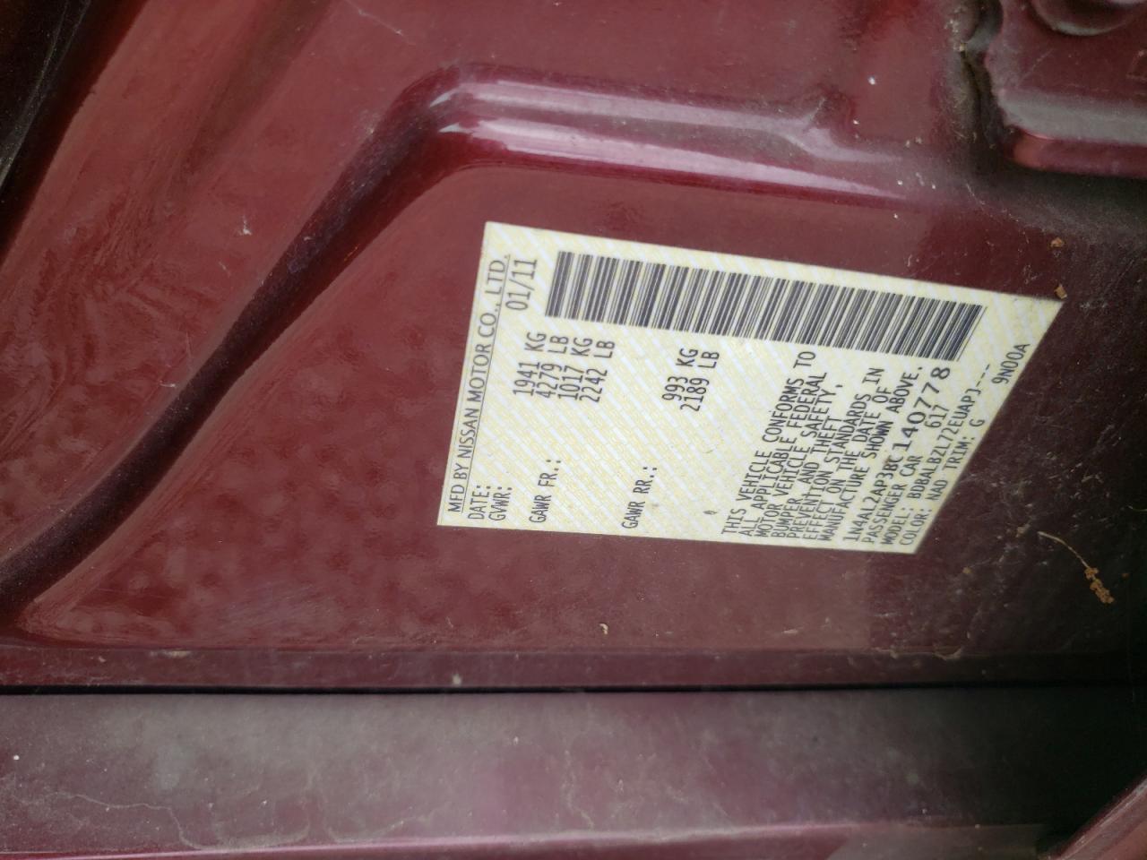 Photo 10 from auction – 2011 NISSAN ALTIMA BAS with VIN 1N4AL2AP3BC140778