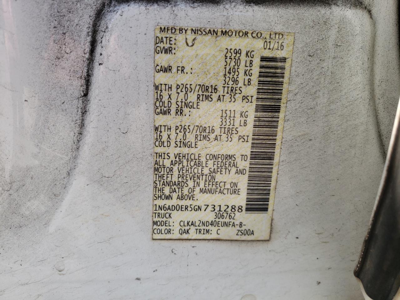 Photo 10 from auction – 2016 NISSAN FRONTIER S with VIN 1N6AD0ER5GN731288