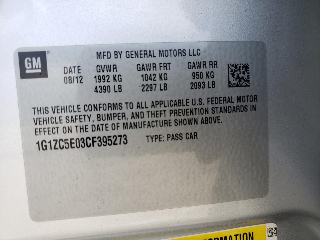 Photo 10 from auction – 2012 CHEVROLET MALIBU 1LT with VIN 1G1ZC5E03CF395273