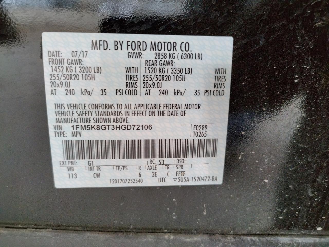 Photo 10 from auction – 2017 FORD EXPLORER S with VIN 1FM5K8GT3HGD72106