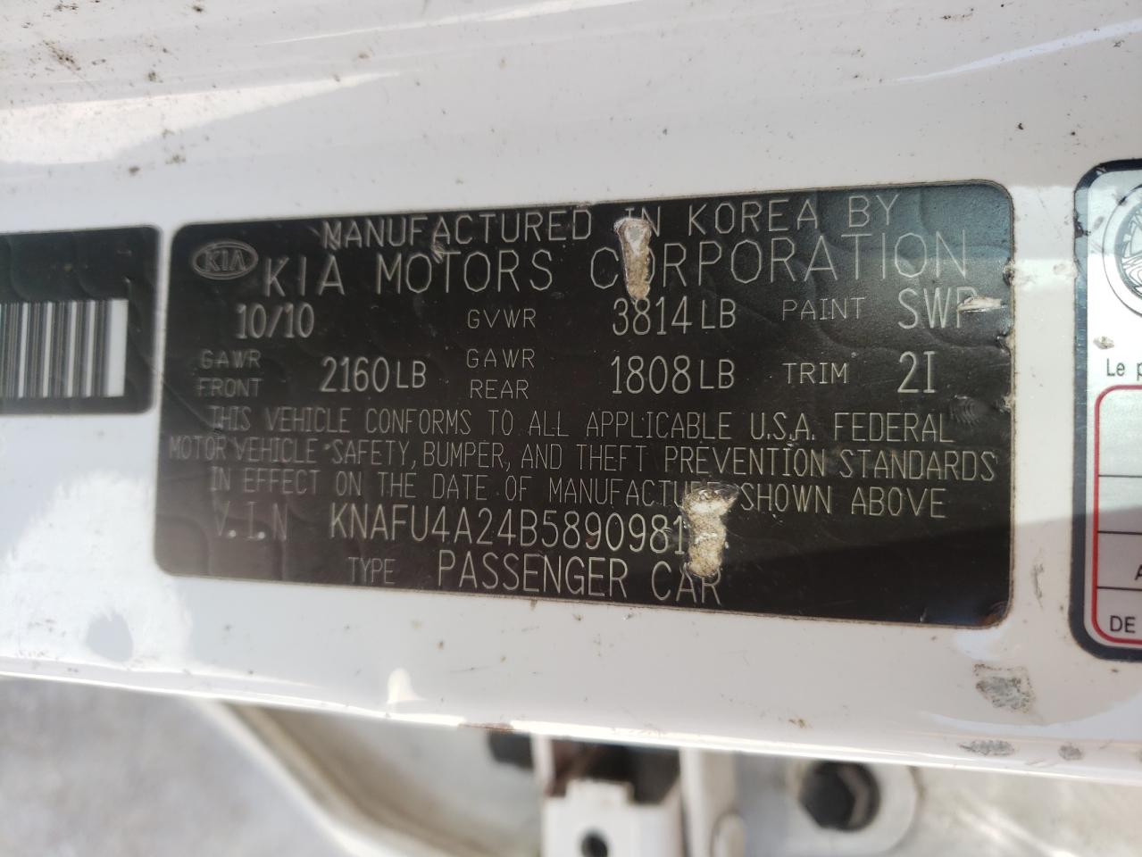 Photo 10 from auction – 2011 KIA FORTE EX with VIN KNAFU4A24B5890981