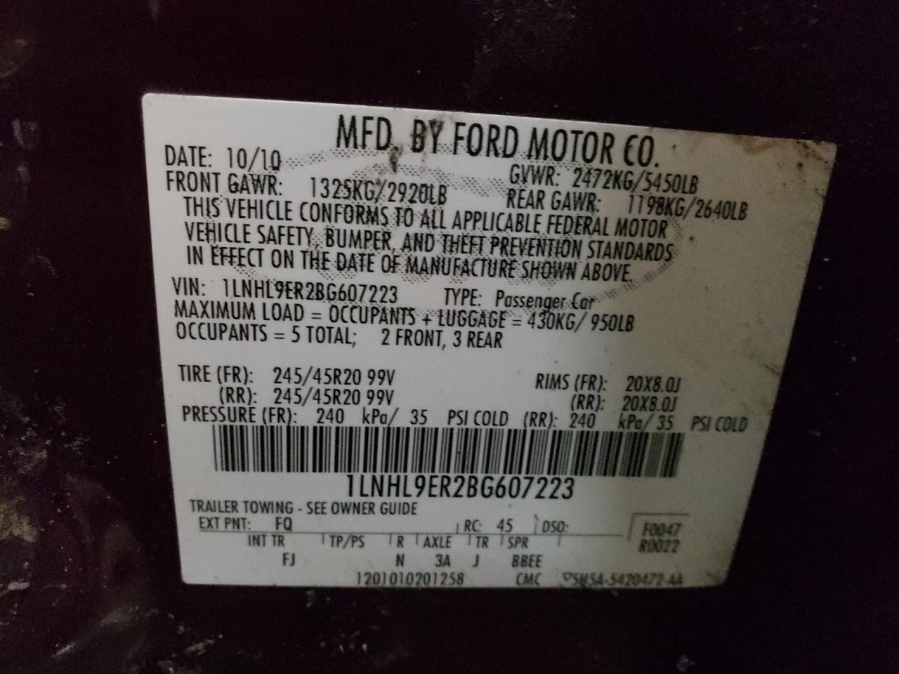 Photo 10 from auction – 2011 LINCOLN MKS with VIN 1LNHL9ER2BG607223