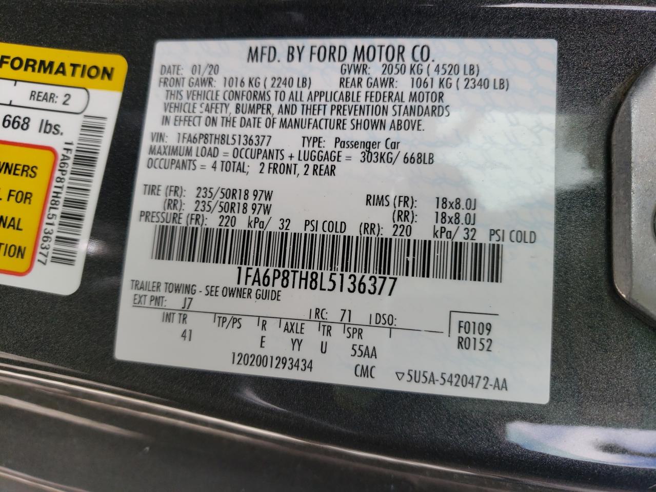Photo 10 from auction – 2020 FORD MUSTANG with VIN 1FA6P8TH8L5136377