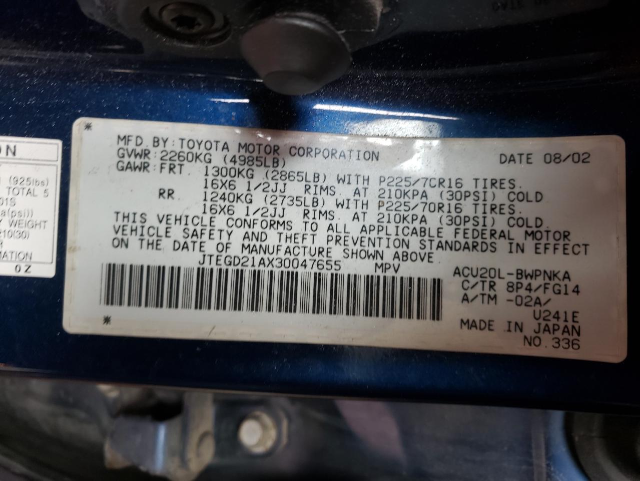 Foto 10 de la subasta – 2003 TOYOTA HIGHLANDER con VIN JTEGD21AX30047655