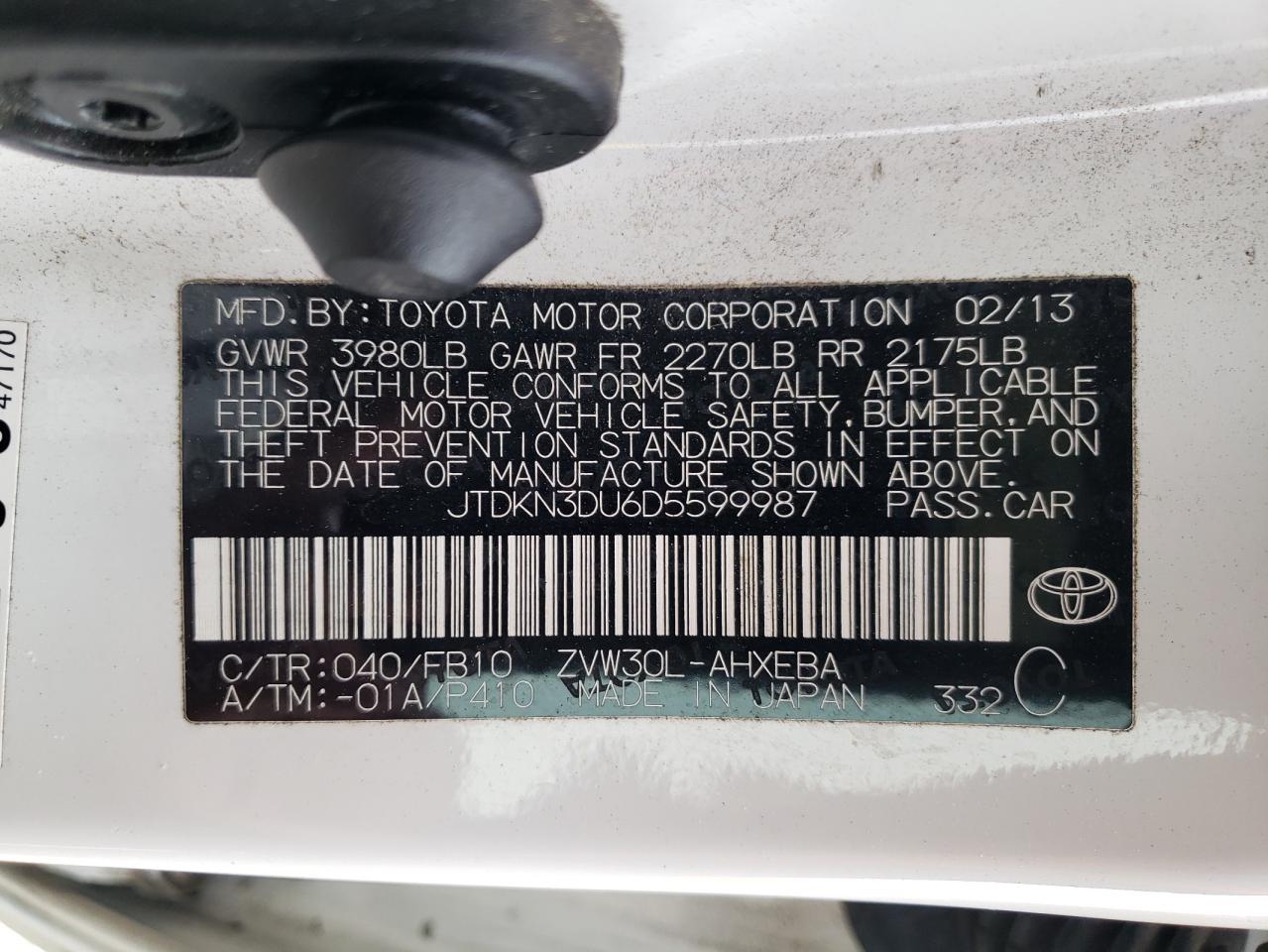 Photo 10 from auction – 2013 TOYOTA PRIUS with VIN JTDKN3DU6D5599987
