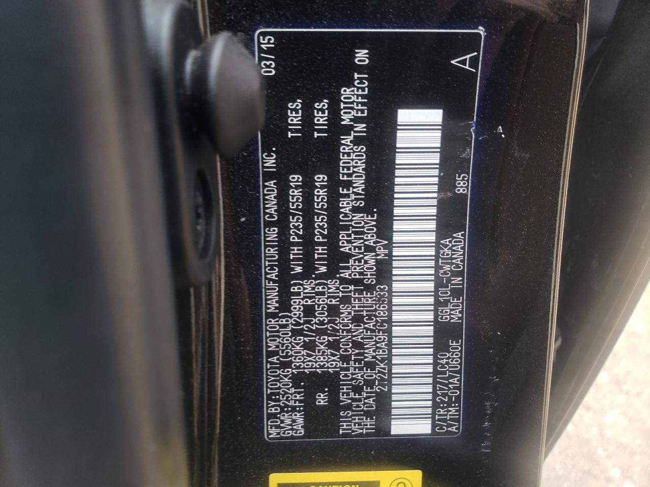 Photo 10 from auction – 2015 LEXUS RX 350 with VIN 2T2ZK1BA9FC186533