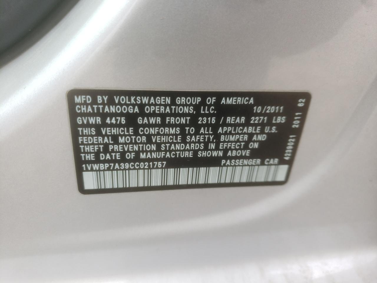 Photo 10 from auction – 2012 VOLKSWAGEN PASSAT SE with VIN 1VWBP7A39CC021757