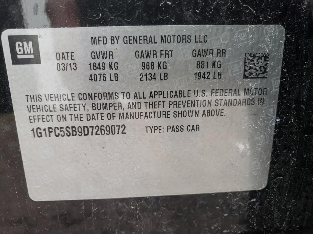 Photo 10 from auction – 2013 CHEVROLET CRUZE LT with VIN 1G1PC5SB9D7269072