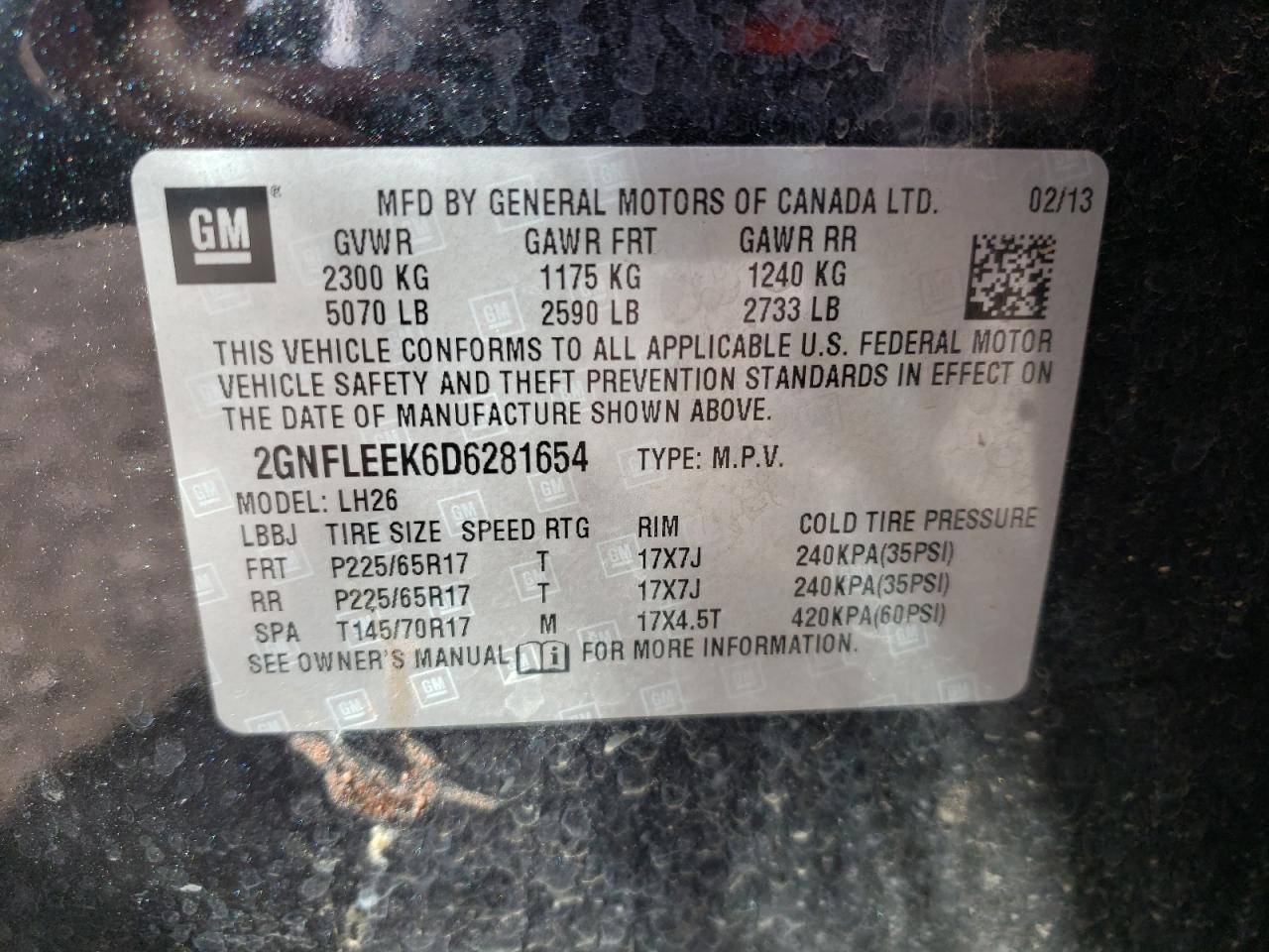 Photo 10 from auction – 2013 CHEVROLET EQUINOX LT with VIN 2GNFLEEK6D6281654