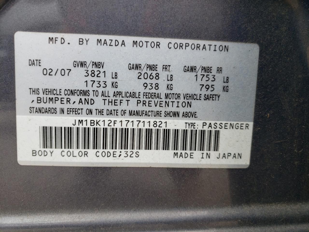 Photo 10 from auction – 2007 MAZDA 3 I with VIN JM1BK12F171711821