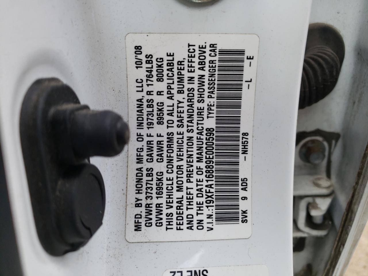 Photo 10 from auction – 2009 HONDA CIVIC EX with VIN 19XFA16889E000598