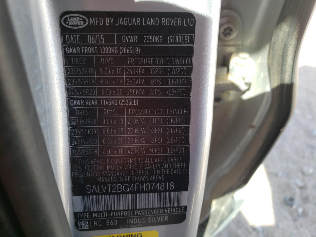 Photo 10 from auction – 2015 LAND ROVER RANGE ROVE with VIN SALVT2BG4FH074818